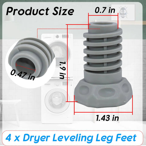 4 Pack Dryer Leveling Leg Feet Replacement For Front Load Dryers DV2 DV3 DV4 DV5 DVE product size dimensions shown