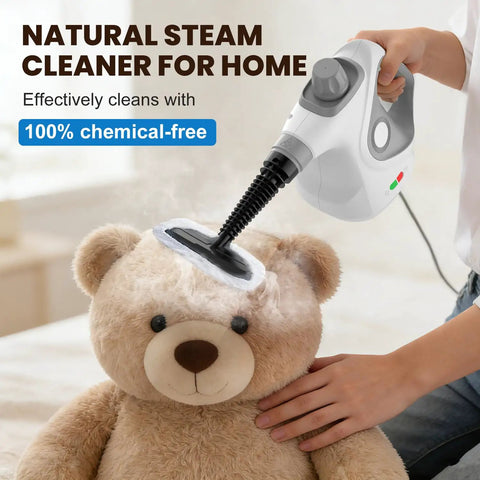 No Sweat Handheld Steam Cleaner For Home, Portable Steam Mop For Deep Cleaning With 15 Accessories, Fast Heating 1050W Handheld Steamer cleaning a teddy bear.