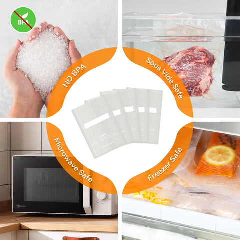Heavy Duty 6 By 10 Inch PreCut Vacuum Sealer Bags 200 Count Keeps Food Fresh Longer Freezer Burn Prevention BPA Free Pro Grade Ideal For Storage Meal Prep Sous Vide, showcased with usage examples in sous vide, microwave, and freezer.