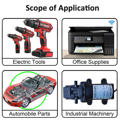 Diagram showing the application of RS550 21V Beefed Up High Speed DC Micro Motor in tools, office supplies, cars, and machinery.