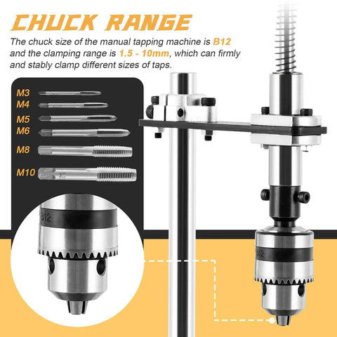 Manual Tapping Machine With Bench Vise And 6 Taps, Vertical Tapping Tool For Metal Wood Plastic, B12 Chuck shown