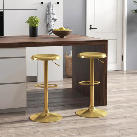Adjustable Swivel Bar Stools Set Of 2 Round Gold Brushed Metal Airlift Stools Slick Backless Counter Height Chairs For Kitchen
