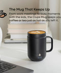 Self Heating Coffee Mug With Rechargeable Battery And Digital Temperature Control Keeps Your Drinks Piping Hot All Day Long Sleek Led Display Makes Temp Swaps A Breeze While The Roomy 16 Oz Black Body Delivers Total Upgrade Vibes For Any Desk Setup on a table next to a laptop.