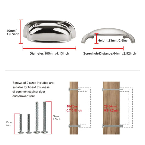 Diagram showing measurements of 10 Pack Kitchen Cup Cabinet Handles Two Point Five Inch Spacing Polished Nickel Drawer Pulls