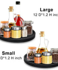 Two sizes of wooden lazy Susan turntable organizers with spices and condiments displayed, highlighting 10-inch and 12-inch versions.