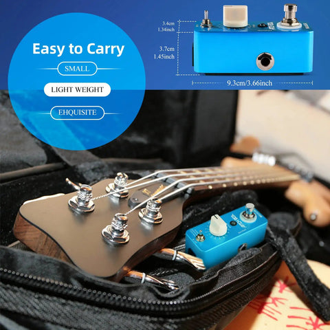 Pitch Harmonizer Guitar Effects Pedal With True Bypass MPS1 Octave Box beside guitar in bag, dimensions visible