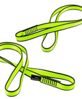 Two green 18mm nylon climbing sling runners, 23KN webbing straps for outdoor rock climbing and rappelling, CE2008 EN566 certified.