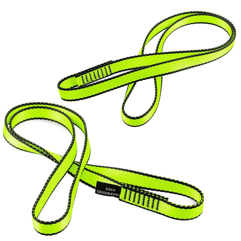Two green 18mm nylon climbing sling runners, 23KN webbing straps for outdoor rock climbing and rappelling, CE2008 EN566 certified.