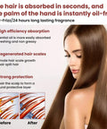 Woman with long, smooth hair showing benefits of anti-frizz hair product, includes before and after hair strand images and product features.