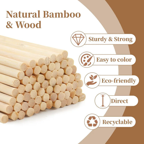 68 Piece Premium Bamboo Wood Dowel Sticks Measuring Quarter By Twelve Inches stacked with smooth finish and eco-friendly details.