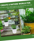 Six Piece Wall Mounted Round Plastic Pothos Planters With Self Watering System displayed on wooden shelves in a garden setting