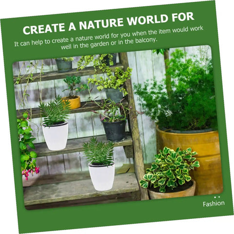 Six Piece Wall Mounted Round Plastic Pothos Planters With Self Watering System displayed on wooden shelves in a garden setting