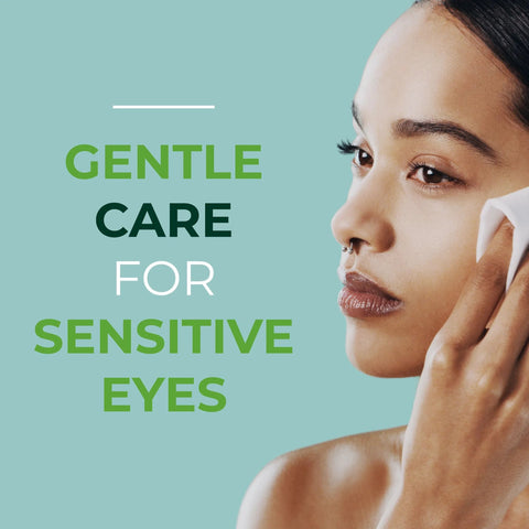 Front view: eyelid and lash wipe; teal background with the phrase Gentle Care for Sensitive Eyes beside a woman's face