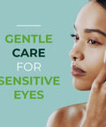 Front-view of a woman using eyelid and lash wipes near her eye on a teal background.