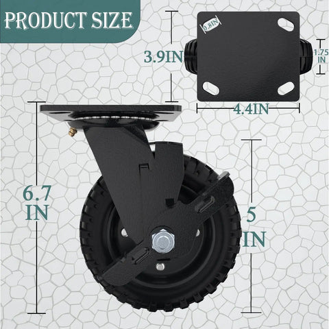 Badass Heavy Duty Caster Wheels Set features size dimensions 6.7 in height and 4.4 in base for steel construction.