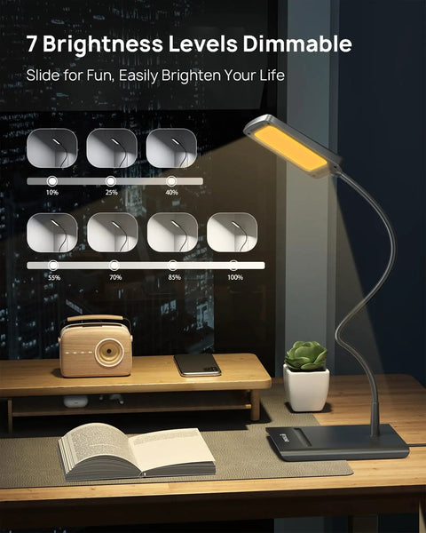 Bright Dimmable Eye Caring Desk Lamp With Three Color Modes And Seven Brightness Levels in home office setting