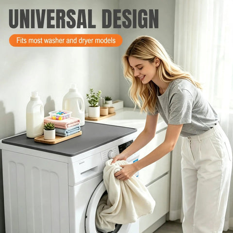 Top Shelf Silicone Washer And Dryer Top Mat 26 By 18 Inch Waterproof Countertop Protector Non Slip in use on a washing machine.