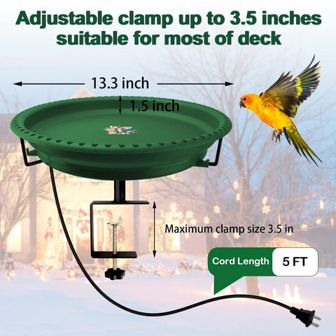 Heavy Duty Heated Bird Bath For Deck Railing With Smart Thermostat Quick Winter Defrosting 100W Outdoor Fountain Design green 13.3 inch bowl