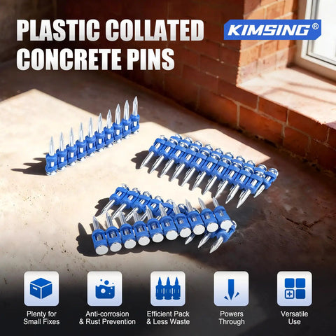 1 Inch Plastic Collated Concrete Pins 1000 Pack 12 Gauge Made For Tough As Nails Masonry Fastening With Galvanized Finish And Strong No 60 Steel Core For Superior Durability In Harsh Worksites. blue plastic collated concrete pins in rows on a floor