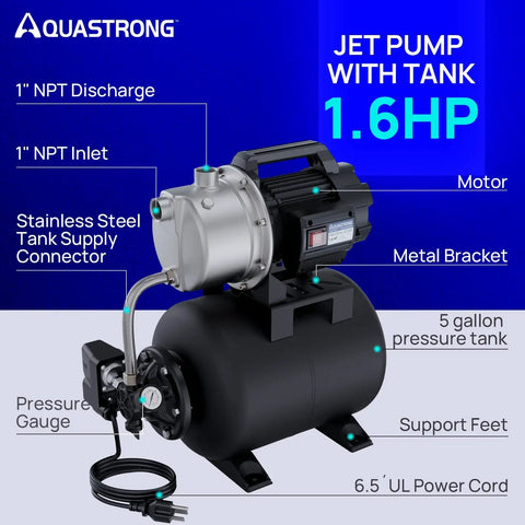 Shallow Well Garden Pump 115V Stainless Steel Jet Pump With 1.6 HP Motor, 1320 GPH Capacity with pressure tank and power cord