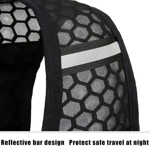 Reflective strap detail on hydration vest water backpack for running and hiking lightweight reservoir pack with breathable back panel
