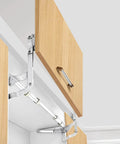 Cabinet Door Lift up Hinge, Vertical Lift Hinge installed on wooden kitchen cabinet, showing sturdy, silent pneumatic arm mechanism