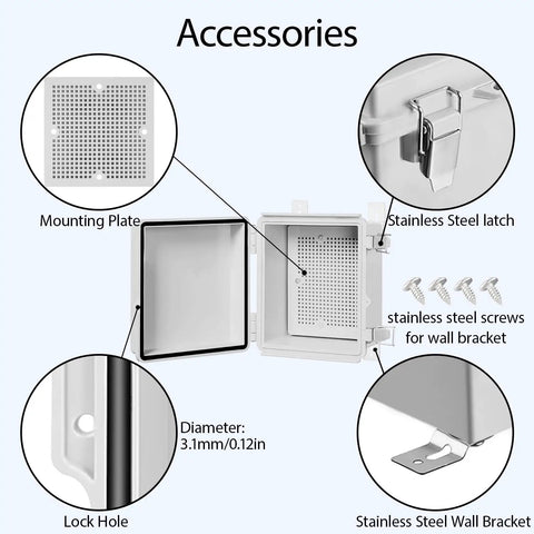 Pro Level IP67 Waterproof Electrical Box Built Tough For Hassle Free Install featuring stainless steel latch, mounting plate, and wall bracket.