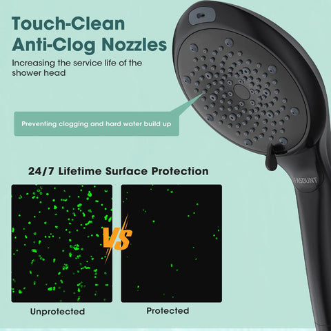Filtered Handheld Shower Head With BuiltIn Filter, High Pressure 8Mode Showerhead, black anti-clog nozzle feature