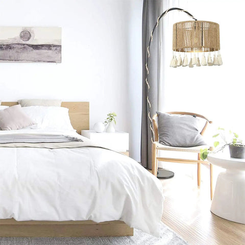 Room with a Boho Hemp Rope Pendant Light With Plug In Cord 15ft Hanging Lamp With On Off Switch UL Certified Socket