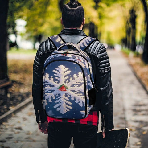 Christmas Frost Snowflake Print Unisex Backpack With Large Capacity Durable Polyester Material worn by person outdoors