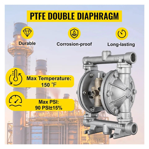 Stainless Steel Air Operated Double Diaphragm Pump With PTFE Diaphragms For Transfering Petroleum Oil And Chemicals Heavy Duty Self Priming Pneumatic Pump Up To 90 Psi