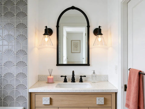 Bathroom with Industrial Vintage Wall Sconce Light Fixture With Slope Pole Mount And Funnel Flared Clear Glass Shade, Matte Black Finish