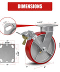 No Sweat 8X2 Inch Kingpinless Swivel Casters Designed For An Industrial Rig With Heavy Duty Dual Wheel Brakes Premium Polyurethane Treads And 2000 Lbs Load Rating dimensions image displaying size and components.