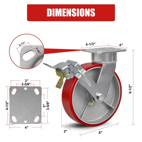 No Sweat 8X2 Inch Kingpinless Swivel Casters Designed For An Industrial Rig With Heavy Duty Dual Wheel Brakes Premium Polyurethane Treads And 2000 Lbs Load Rating dimensions image displaying size and components.