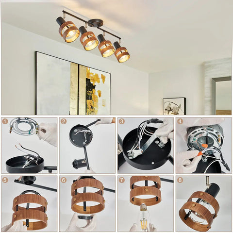 Four Head Black Track Lighting With E26 Sockets Adjustable Spotlight Heads And Wood Accent Dope Farmhouse Vibe Modern Ceiling Light For Living Room And Kitchen Flexible Directional Arms