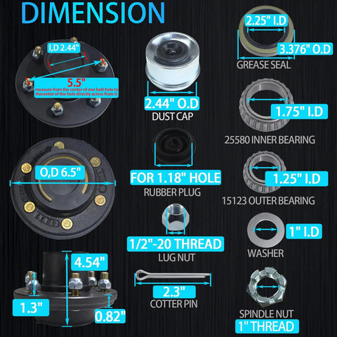 Diagram showing dimensions of Trailer Hub Kit 6 Lug 5.5 Inch Pre Lubed and Installed for 5200-6000 Lb Axles with bearings and seals