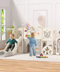 Children playing on Toddler Slide Set With Basketball Hoop, Drawing Board And Golf Game, 13 In 1 Indoor Outdoor Playset Cream and Gray.