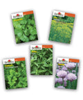 Indoor Herb Garden Starter Kit With Five Seed Packets Cilantro Dill Parsley Sweet Basil And Chives Five Biodegradable Pots Coir Pellets And Plant Markers For Easy Windowsill Growing Non GMO Kid Friendly - Image of five herb seed packets.