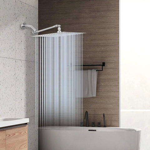 High Pressure 12 Inch Square Rain Shower Head With Arm In Brushed Nickel, full waterfall coverage in modern bathroom