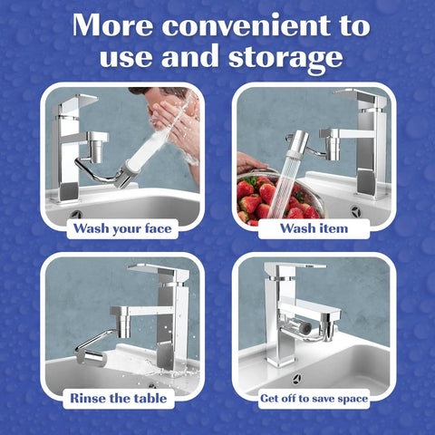 Image of Go-To 1080 Degree Rotating Faucet Extender With Splash Filter Aerator showing various uses like washing face and rinsing.