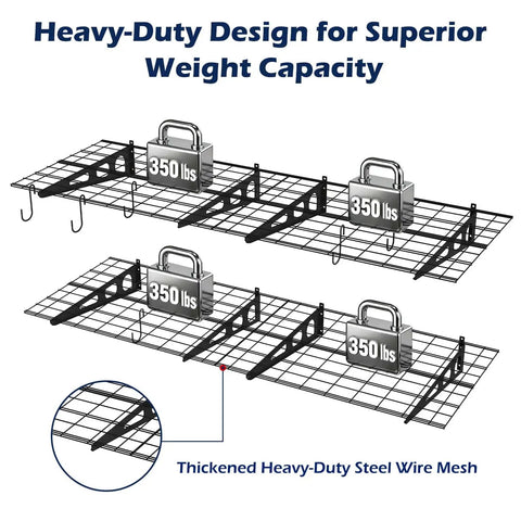 Beefy Heavy Duty Garage Wall Shelves Set, 2x6 Ft Metal Storage Racks, Four Wall Mounted Floating Shelves 24x36 Inches With Hooks, Each Shelf Holds Up To 350 Lbs, Space Saving Organizer For Tools And Gear
