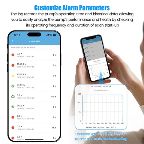 WiFi Sump Pump Monitor And Alarm With Real Time Status Alerts app interface on smartphone, showing pump data and graphs
