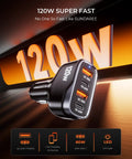 Heavy duty 120W car charger showcasing four USB ports labeled QC 30W and PD 60W for quick charging, compatible with 12-24V outlets.