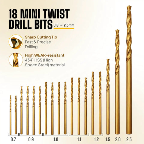 18 mini twist drill bits 0.8-2.5mm for Pin Vise Hand Drill Manual For Jewelry Making With Micro Drill Bits 0.8mm To 2.5mm Rotary Craft Drill For Resin Wood Plastic Beads Clay And Miniatures