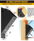 4 Pack 45 Degree Angle Brackets For Pergola Deck Porch Log Cabin 2x4 Framing Actual 1.5x3.5 Inches Stainless Steel Outdoor Bracket Kit Black Powder Coated Weatherproof Built Tough showing detailed measurements and installation.