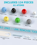 Image of Comprehensive 124 Piece Organic Chemistry Model Kit with various colored atoms, links, and a link remover tool.