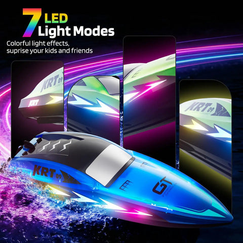 Kids Remote Control Boat Set for Pool and Lake Fun, Waterproof RC Boat With 8 LED Light Modes, showing LED variations