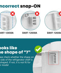 Comparison of incorrect snap-on types for Right Door Bin for Kenmore Elite LG Refrigerators and correct "7" shape fitting
