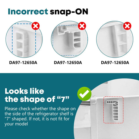 Diagram showing incorrect and correct snap-on designs for Right Side Refrigerator Door Bin Replacement 795 Series, shape '7' illustration.