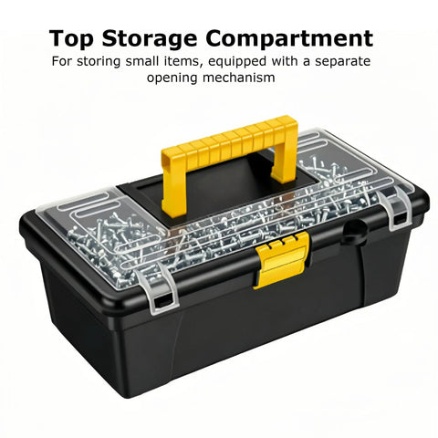 Rugged Outdoor Tool Box With Ergonomic Non Slip Handle featuring top storage compartment with screws visible through a clear lid